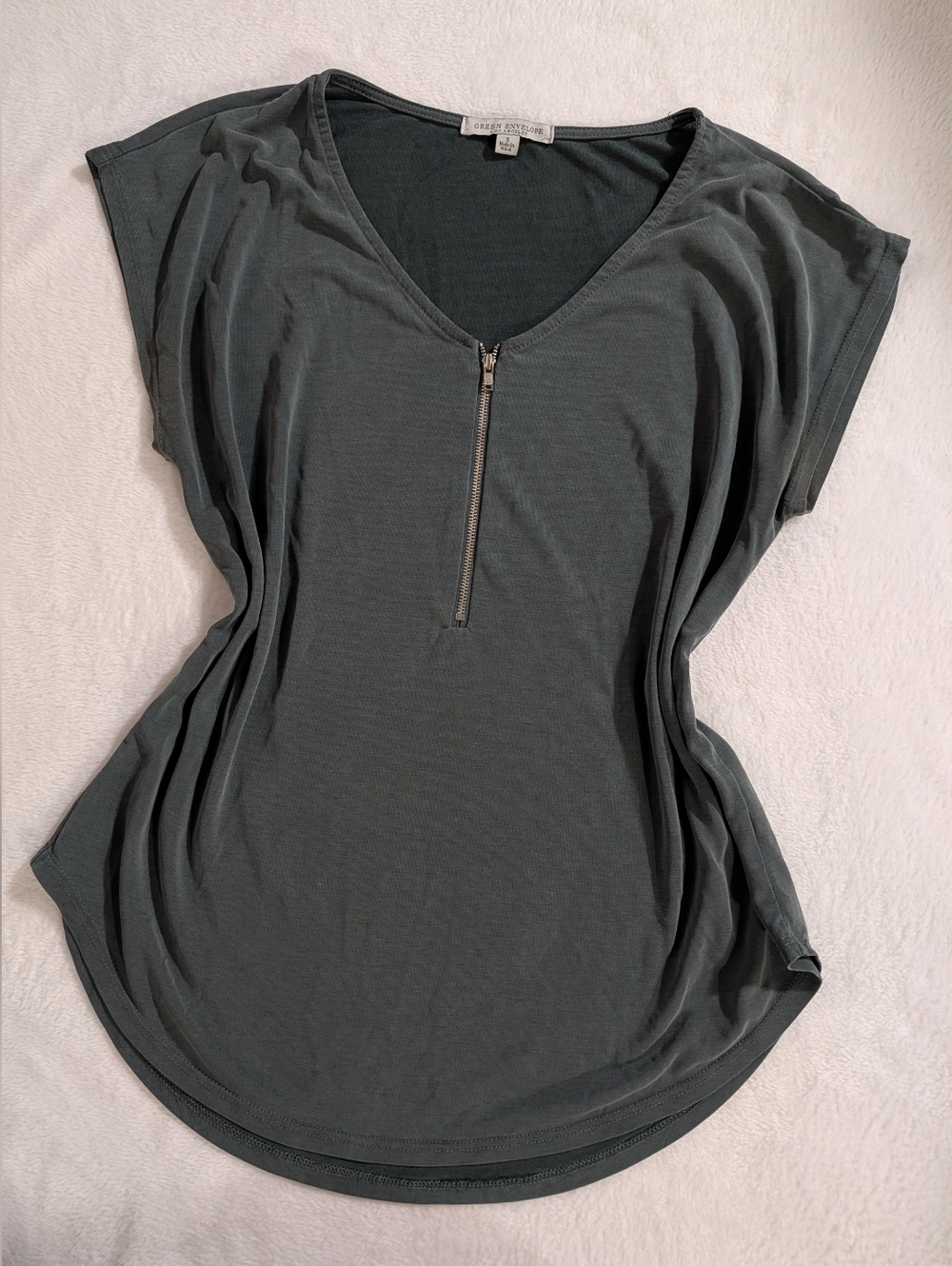 Green Envelope LA Short Sleeve Blouse, Gray To Army Green Color, Size Small